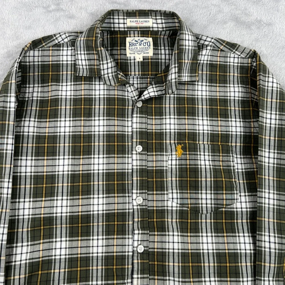 Ralph Lauren RRL Plaid Button Down L Boy Olive Green Gold Classic Heritage Shirt